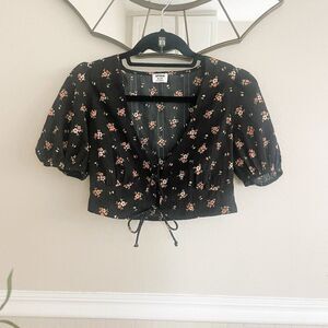 Cotton On Floral Open Tied Front Puff Short Sleeve Crop Top Size Small